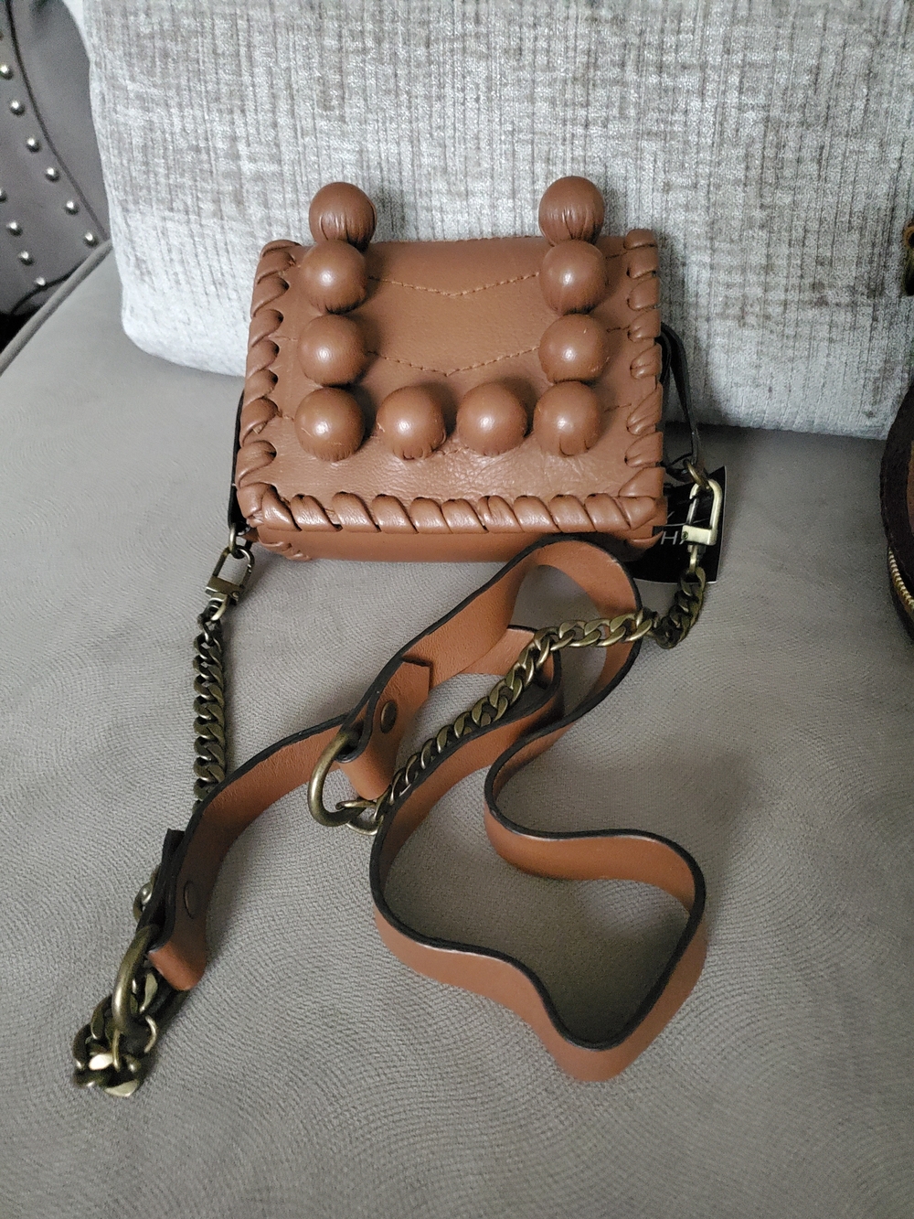 To'sha Brown Beaded Leather Crossbody Bag